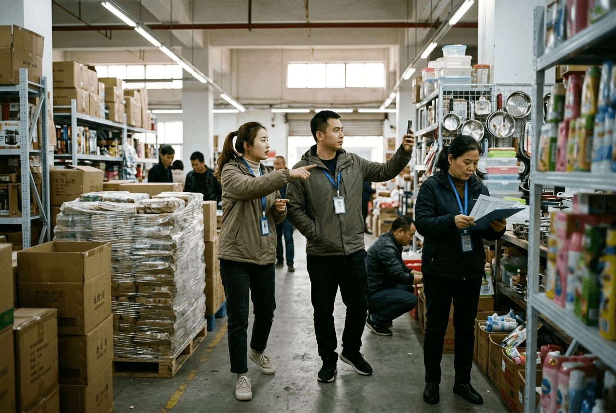 Three operations specialists walking the aisle of a Chinese wholesale market, one pointing at a product pallet