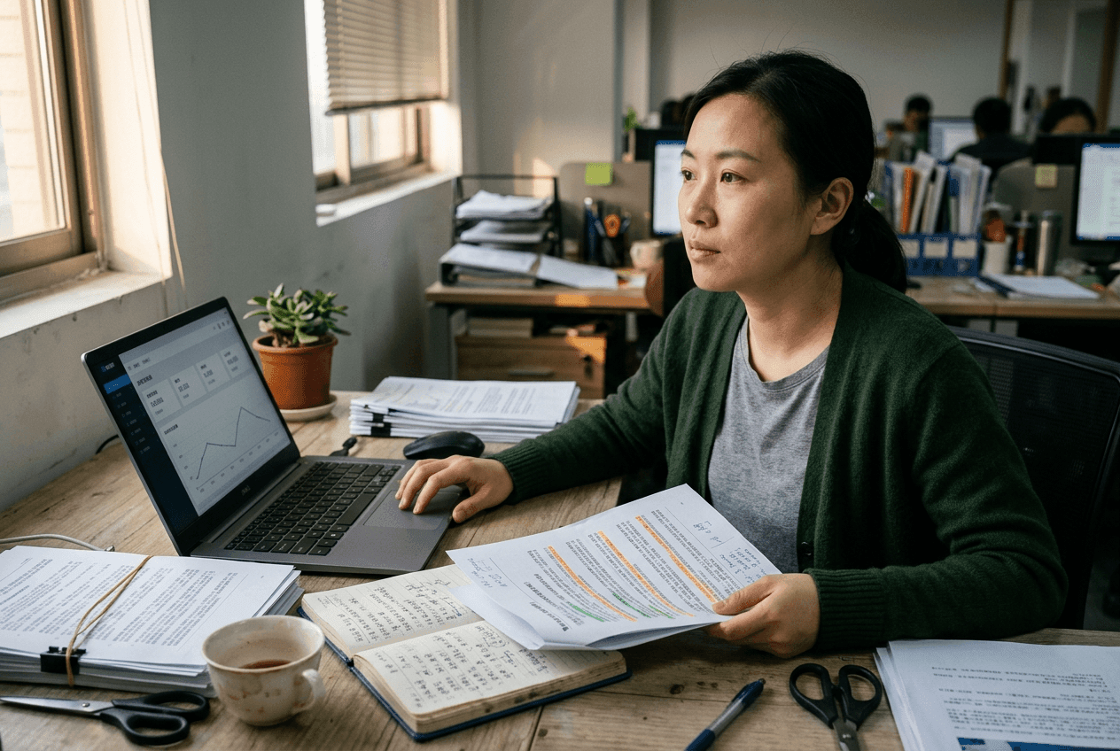 A Chinese market analyst at a cluttered desk reviewing a printed report next to a laptop dashboard, window light from the left