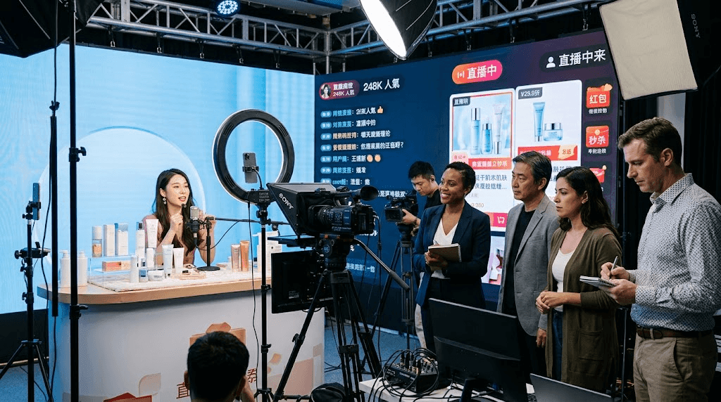 A small group of foreign executives observing a Chinese livestream e-commerce studio in Shanghai during a learning expedition