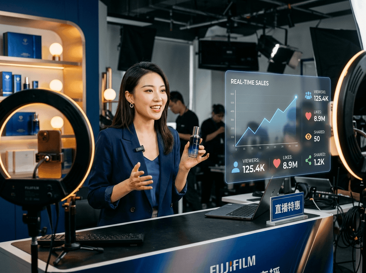Chinese livestream eCommerce studio scene with a host presenting a product on camera, sales graph and viewer count overlaid