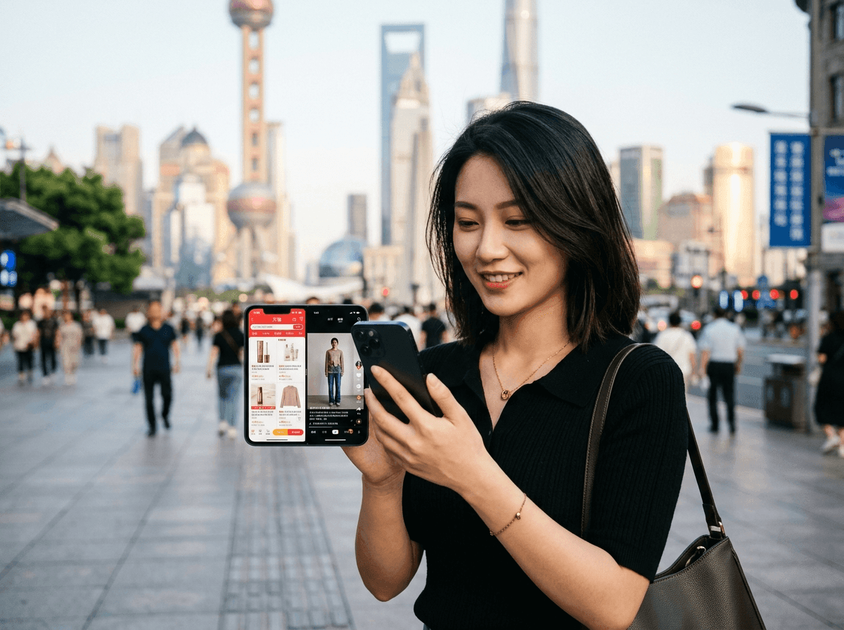 Chinese eCommerce shopper holding a smartphone showing Tmall and Douyin app interfaces, Shanghai cityscape in the background