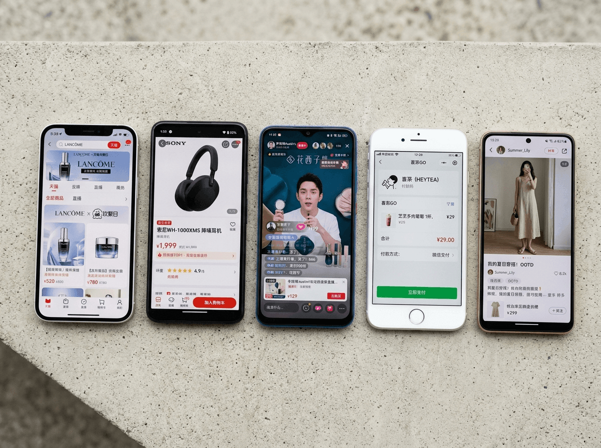 Flat-lay of several smartphones showing Tmall, JD, Douyin, WeChat and Xiaohongshu eCommerce app interfaces