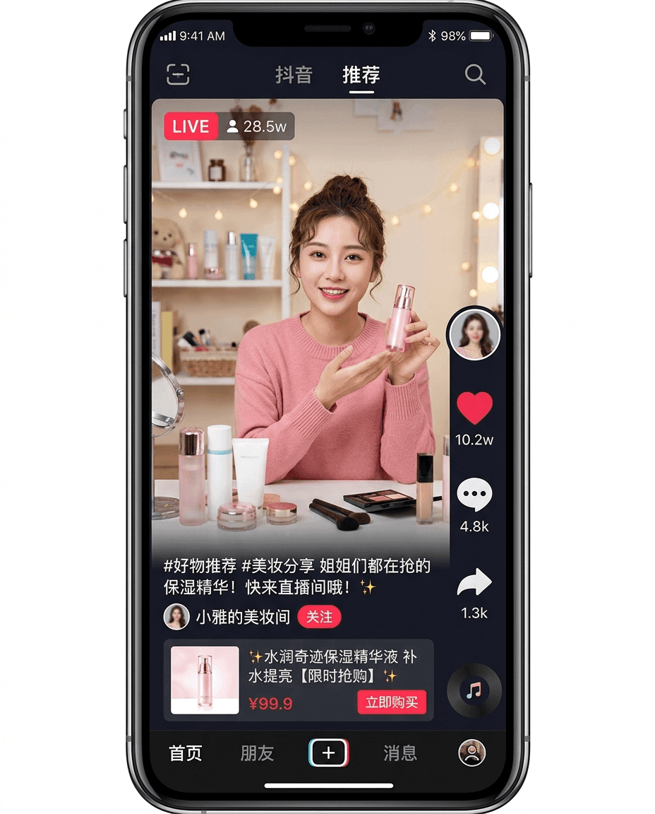 A smartphone showing a Douyin livestream commerce stream with a shoppable product card overlay