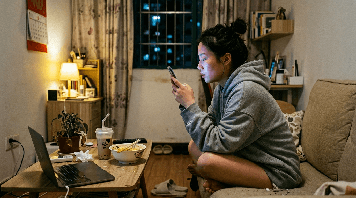 A young woman watching a Douyin livestream on her phone, alone in a lived-in apartment