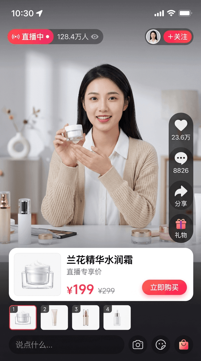 A Douyin storefront with a livestream product overlay