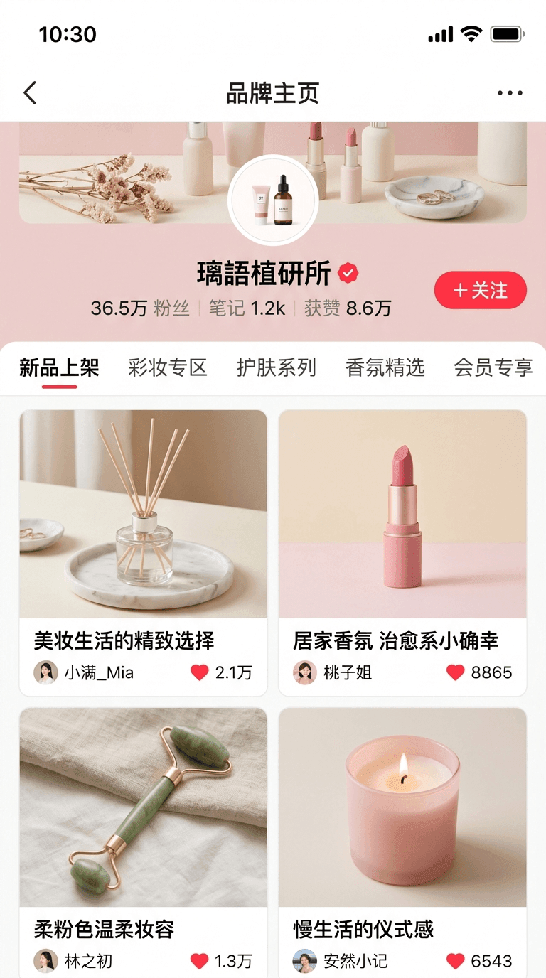 A Xiaohongshu RED storefront with lifestyle product cards