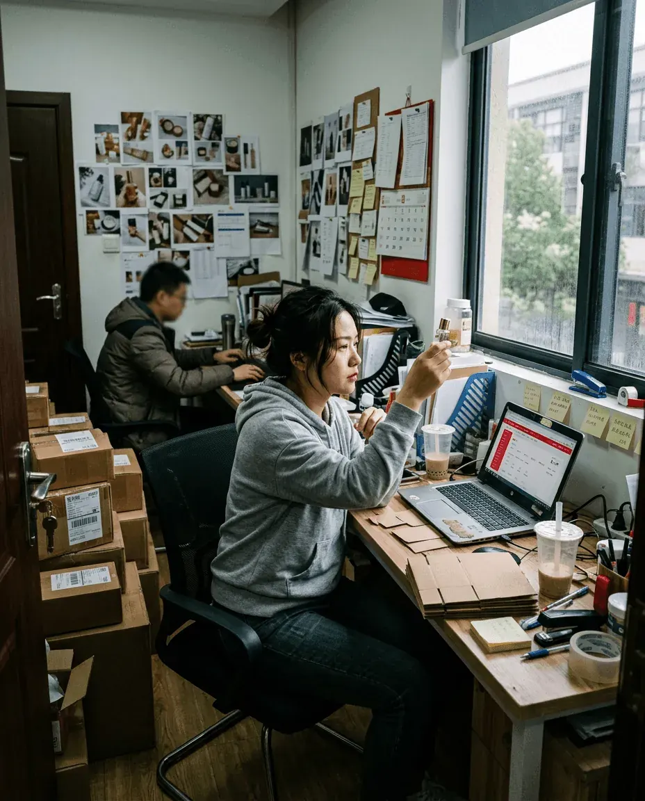 A brand director in a modern Chinese office reviewing premium packaging samples next to a laptop showing a Tmall-style storefront