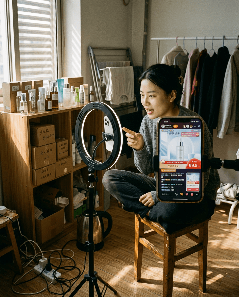 Animatrice chinoise de livestream commerce dans un studio sobre, produits de soin sur étagère en bois et téléphone sur trépied