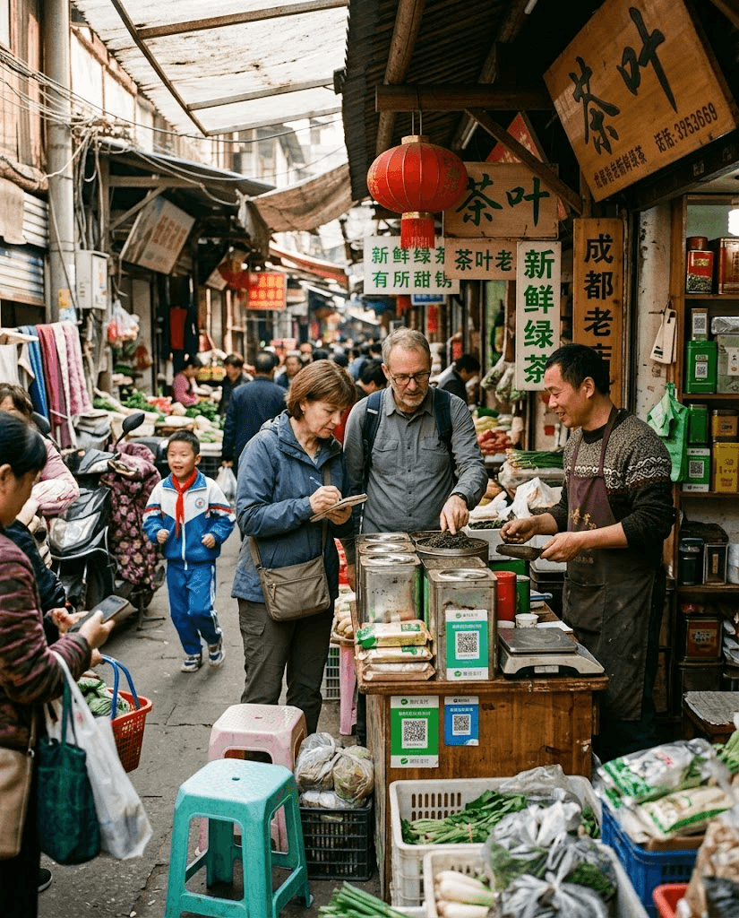 Deux cadres internationaux qui traversent un marché chinois du thé et du design dans la lumière d'après-midi